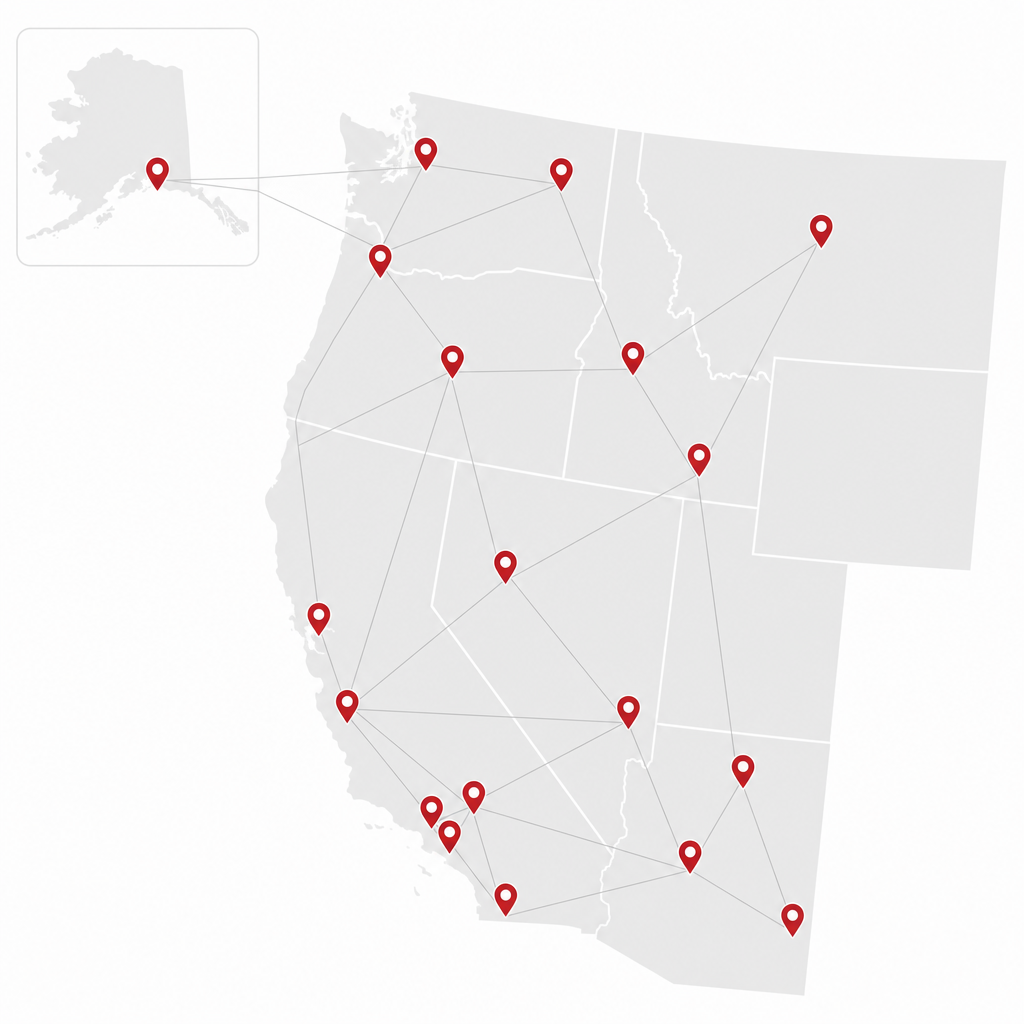 Map of Raymond West facilities across the western United States